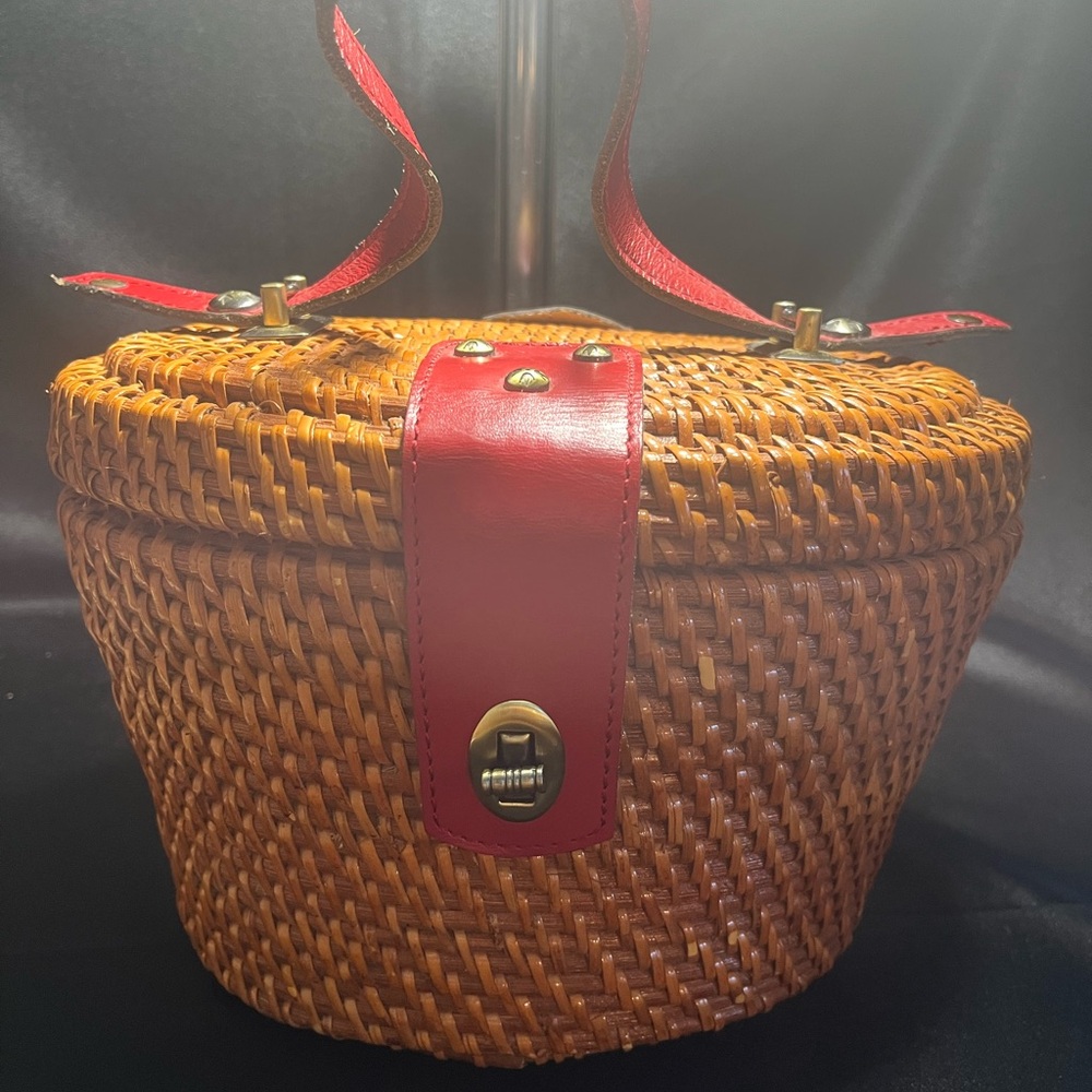 Patricia Nash Woven Basket Bag with Red Leather Accents